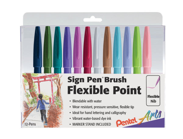 Pentel Arts Sign Pen Brush Tip, 12-Pack Assorted Colors- NEW